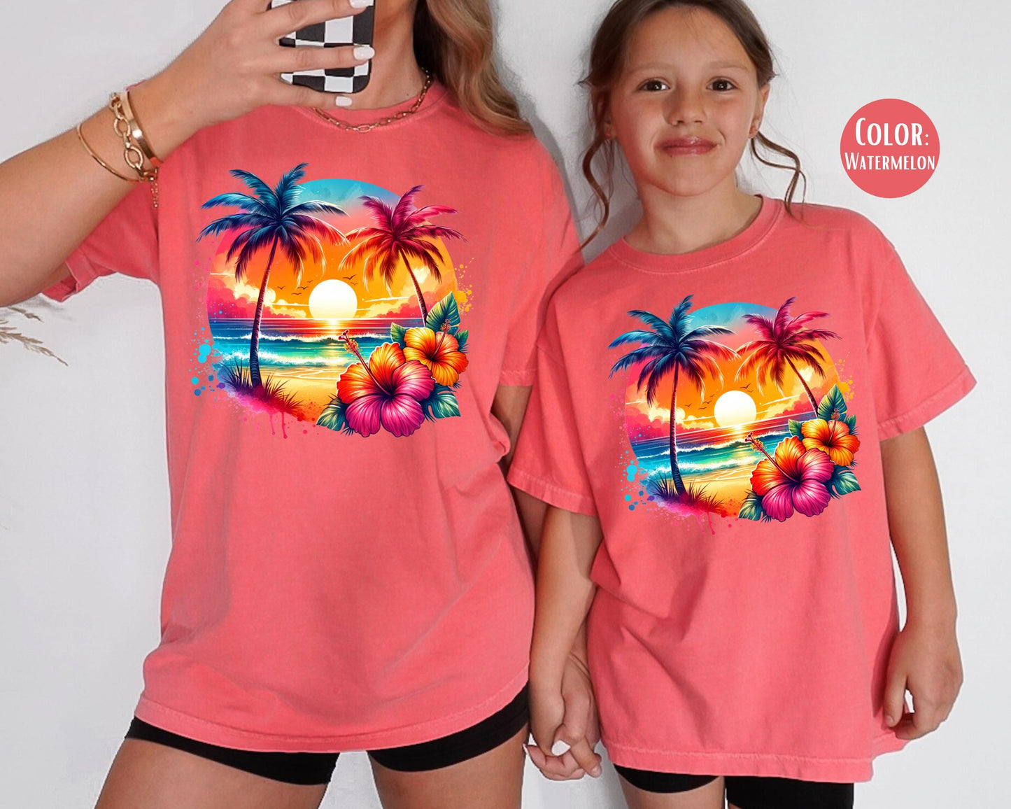 Comfort Colors Kids Beach Shirt: Sunset Palms & Hibiscus