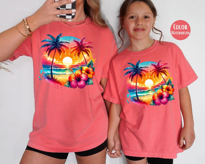 Comfort Colors Kids Beach Shirt: Sunset Palms & Hibiscus