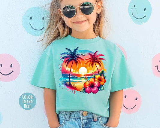 Comfort Colors Kids Beach Shirt: Sunset Palms & Hibiscus