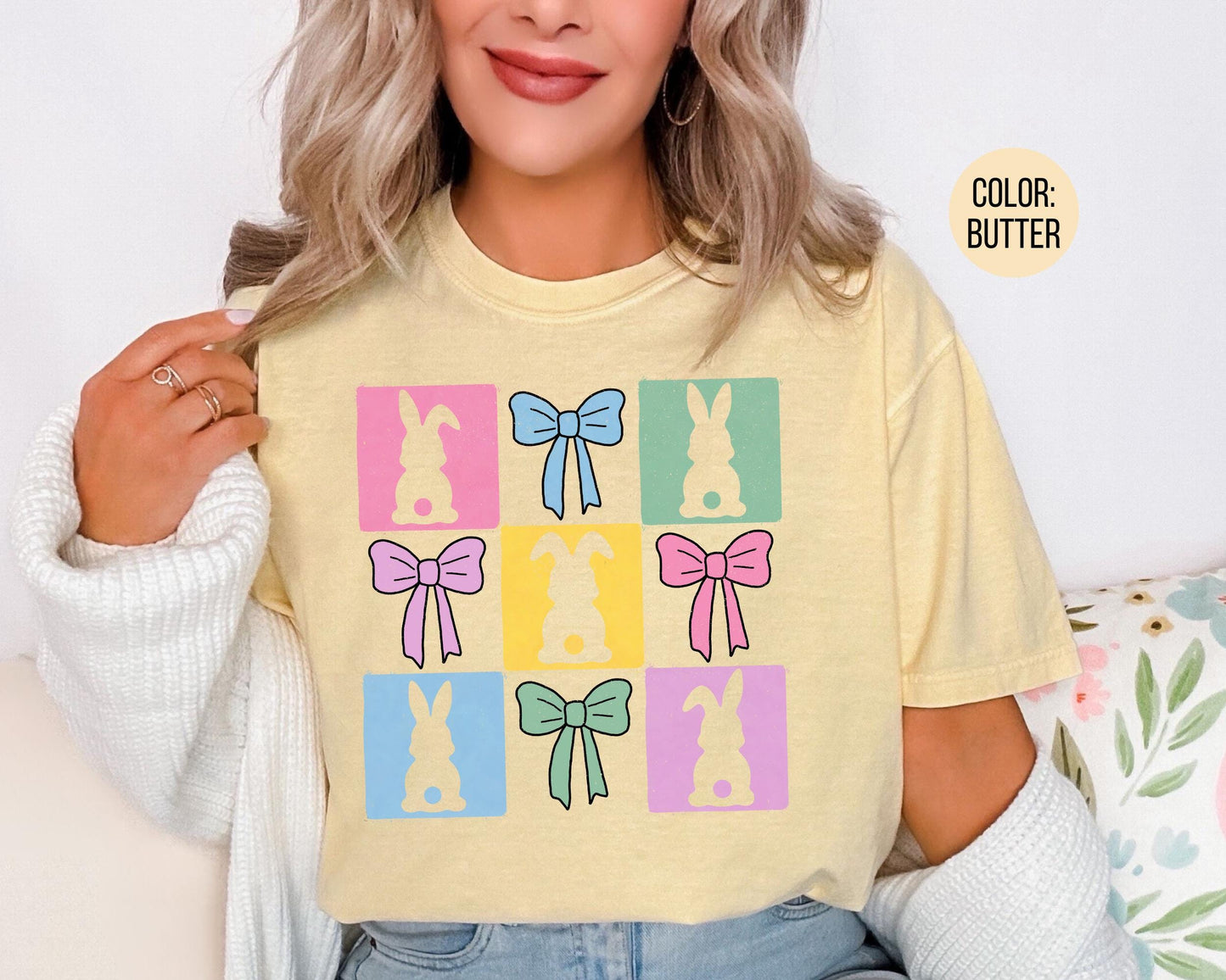 Comfort Colors® Colorful Square Bunnies Shirt, Girls Preppy Easter Bunny Shirts