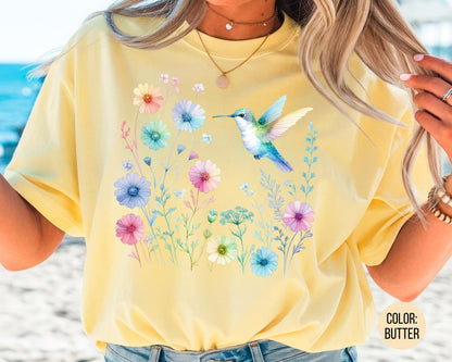 Comfort Colors Floral Hummingbird Shirt, Colorful Hummingbird Shirts