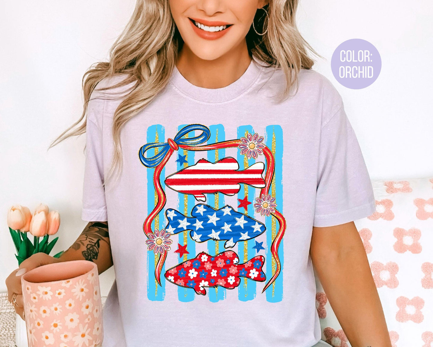 Comfort Colors 4th of July Fish Shirt, Patriotic Fish, Stars and Stripes Shirts