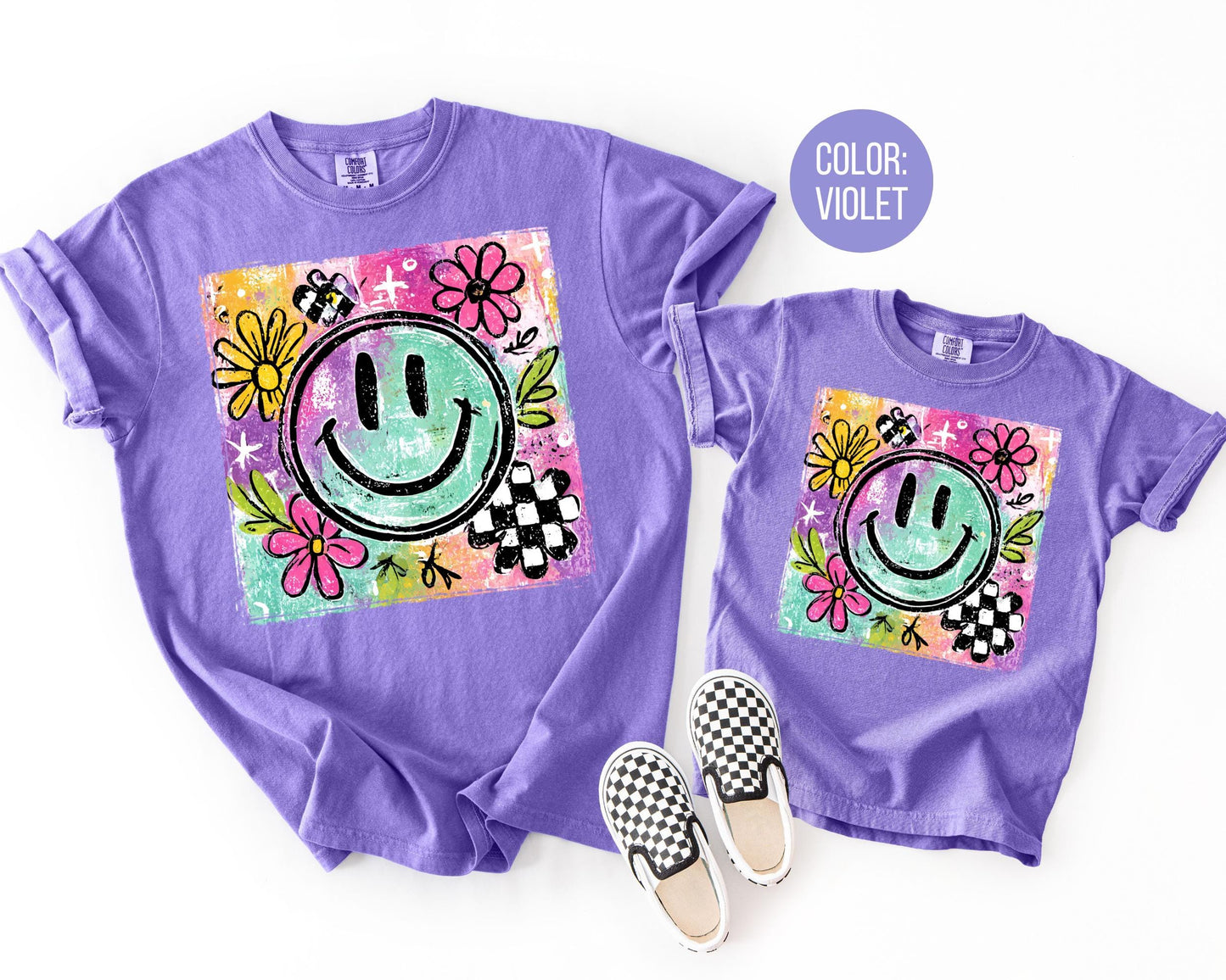 Comfort Colors Girls Retro Smiley Face Shirt, Girly Happy Face Tee