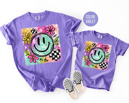 Comfort Colors Girls Retro Smiley Face Shirt, Girly Happy Face Tee