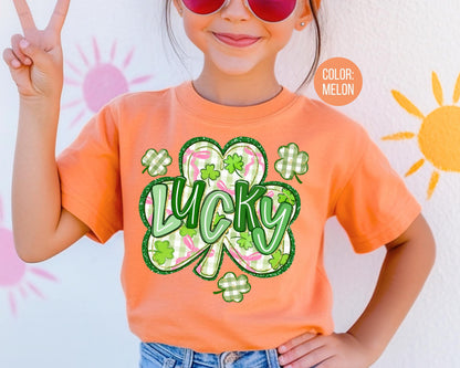 Comfort Colors Faux Glitter Lucky Clover Shirt, Shamrock St Patricks Day Shirt