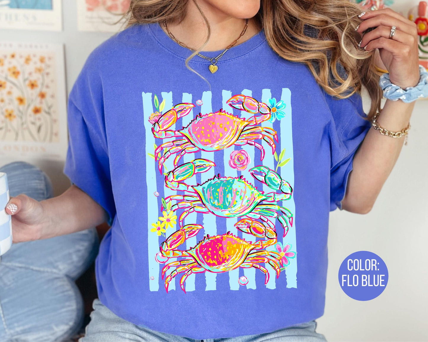 Comfort Colors® Preppy Floral Crabs Shirt, Girls Crab Shirts, Summer Tees