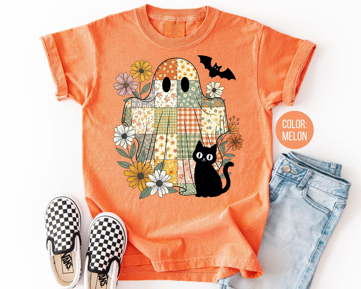 Comfort Colors Patchwork Ghost and Black Cat Halloween Shirt