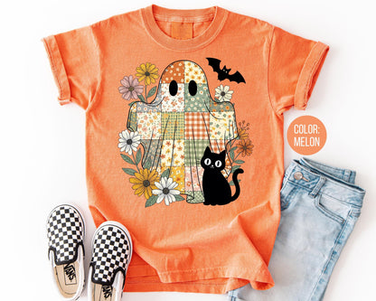Comfort Colors Patchwork Ghost and Black Cat Halloween Shirt