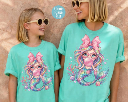 Comfort Colors® Mermaid Blowing Bubble Gum Shirt, Mama and Mini Mermaid Shirts