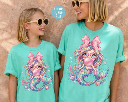 Comfort Colors® Mermaid Blowing Bubble Gum Shirt, Mama and Mini Mermaid Shirts