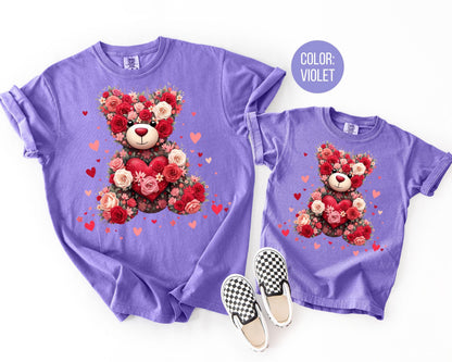 Comfort Colors Floral Teddy Bear Shirt, Girls Valentines Day Shirt, Kids Shirts