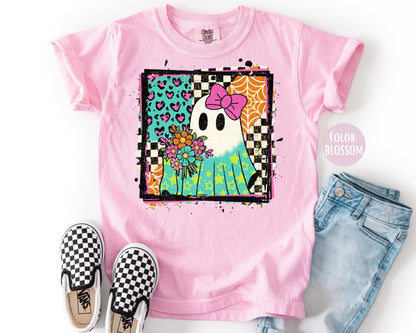 Comfort Colors Checkered Floral Ghost Shirt - Retro Halloween Tee