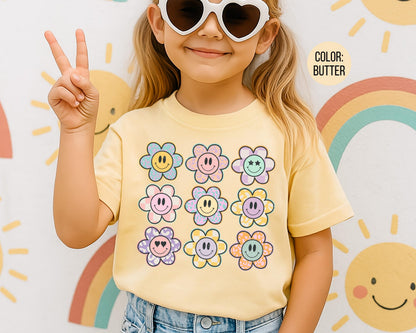 Comfort Colors Retro Smiley Face Flowers Shirt, Girls Smiley Flower Tee