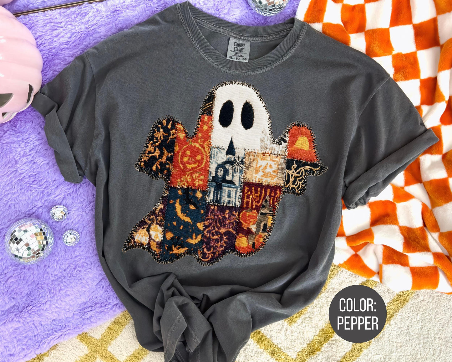 Comfort Colors Patchwork Ghost Shirt: Spooky Fall Tee