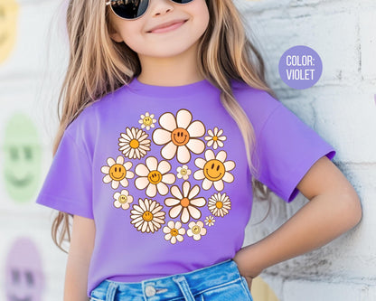 Comfort Colors Kids Shirt: Retro Smiley Face Flowers