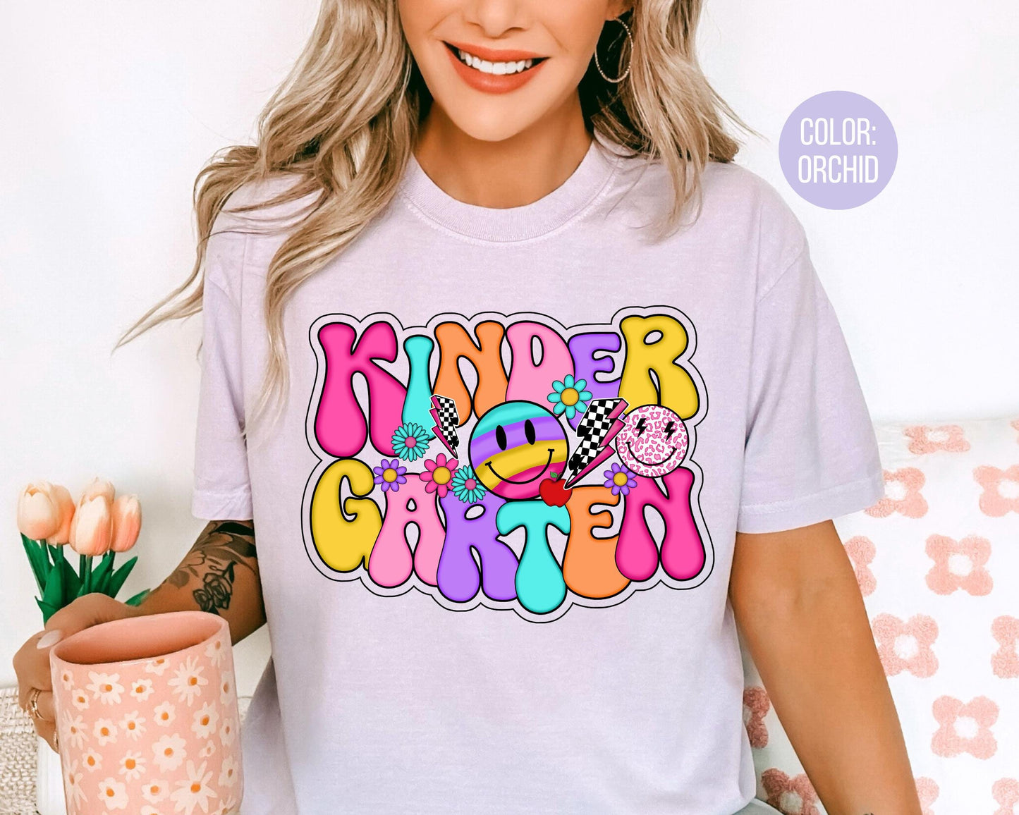 Comfort Colors® Smiley Retro Kindergarten Shirt, Kindergarten Teacher Shirts