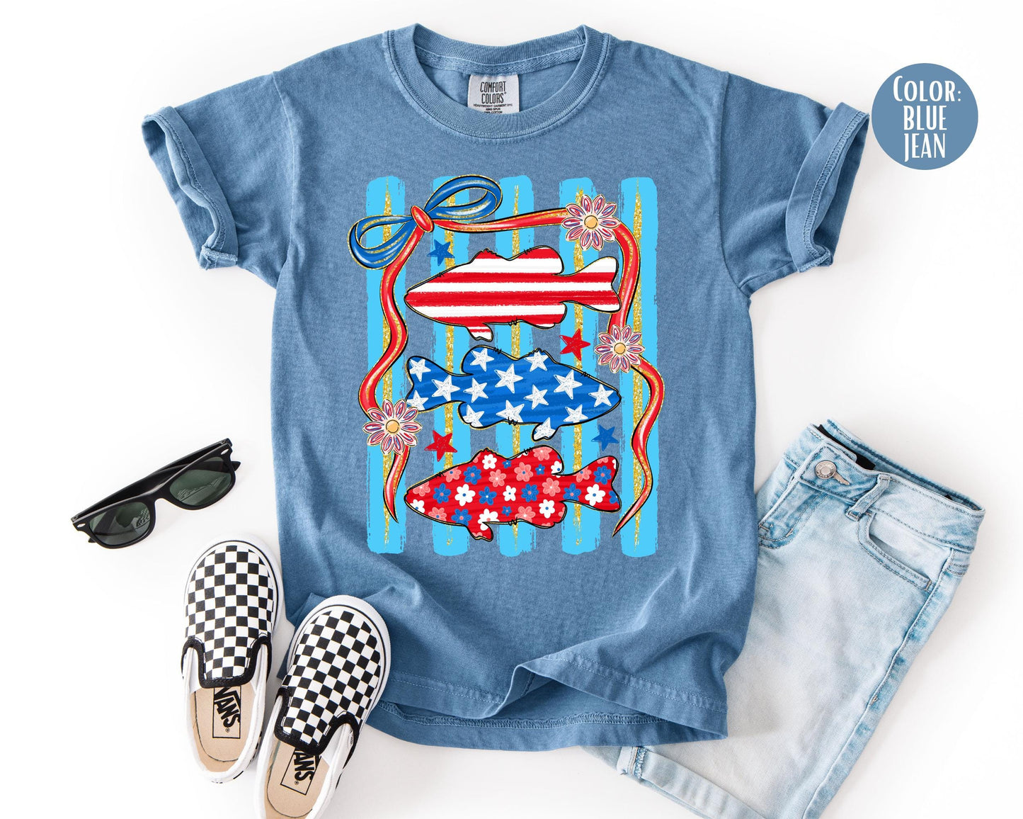 Comfort Colors 4th of July Fish Shirt, Patriotic Fish, Stars and Stripes Shirts