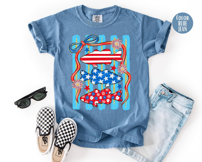 Comfort Colors 4th of July Fish Shirt, Patriotic Fish, Stars and Stripes Shirts