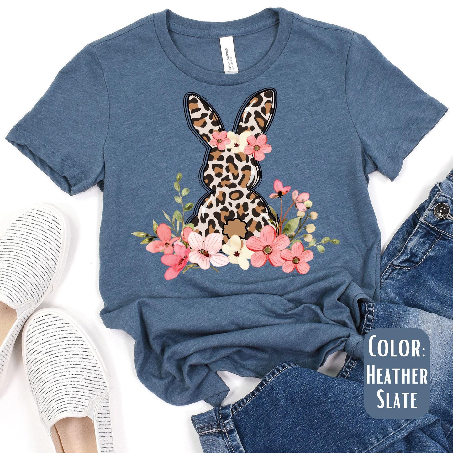 Floral Leopard Bunny Shirt, Bunny Shirt, Cute Easter Bunny T-Shirt, Happy Easter, Shirt with Bunnies, Easter Gift, Happy Easter T-Shirt