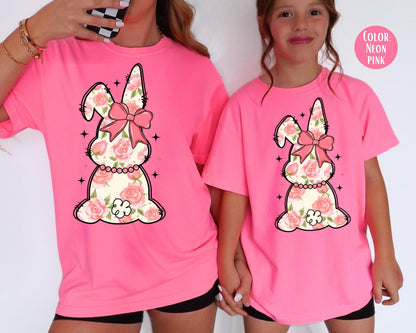 Comfort Colors® Girls Pink Floral Bunny Shirt, Easter Shirts for Kids