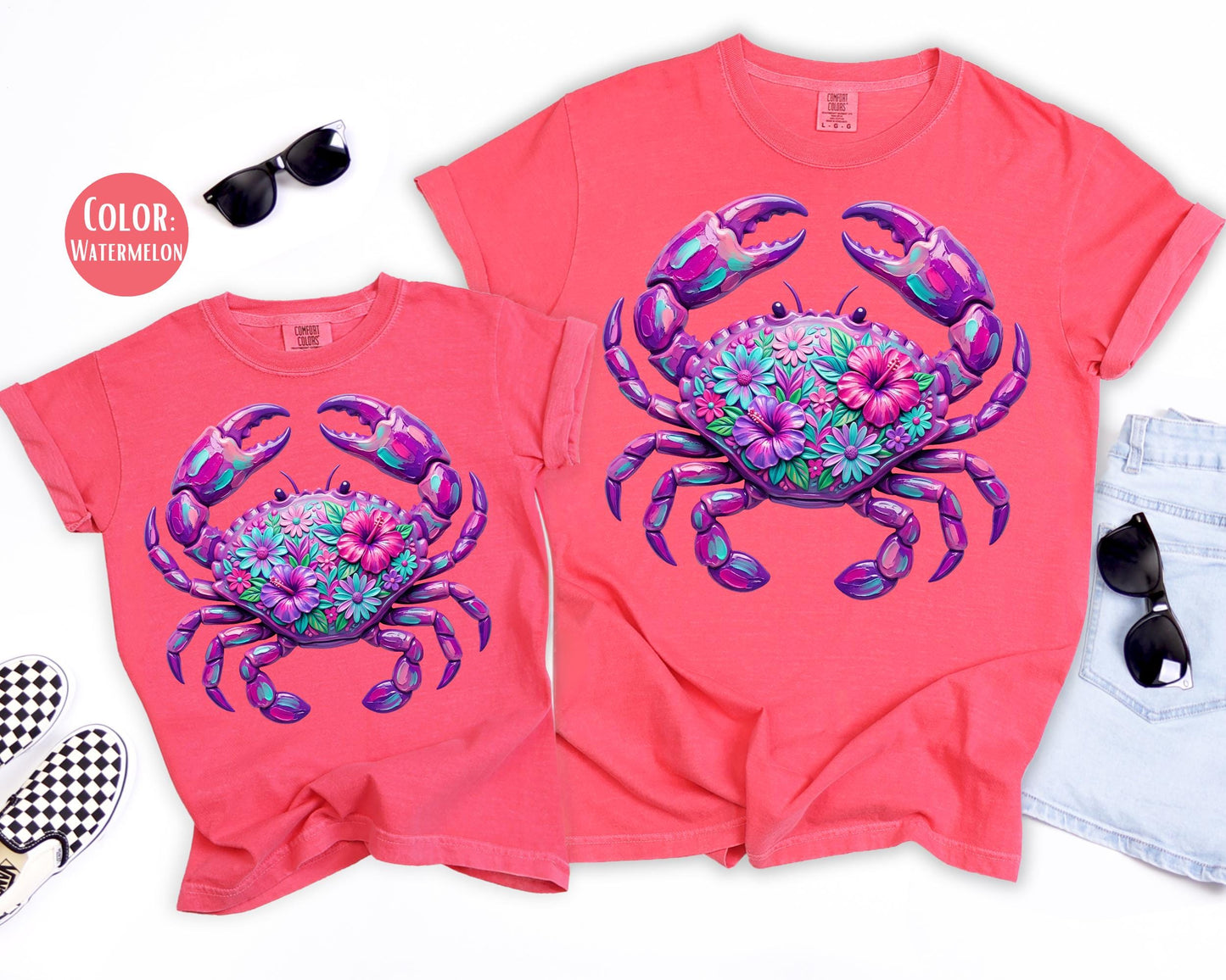Comfort Colors® Floral Purple Crab Shirt, Mama and Mini Crab Shirts