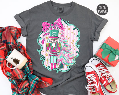 Comfort Colors Pink Nutcracker Shirt, Preppy Coquette Christmas Shirts, Nutcracker Gift