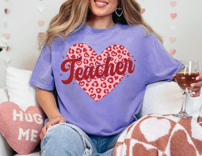 Comfort Colors Teacher Valentine Shirt: Leopard Heart Tee