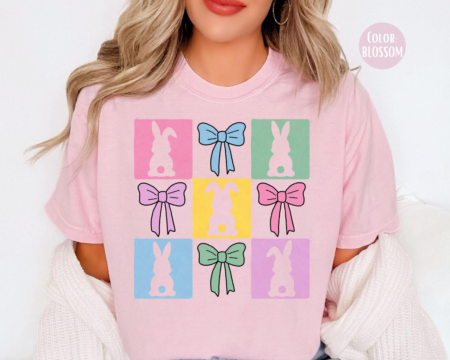Comfort Colors® Colorful Square Bunnies Shirt, Girls Preppy Easter Bunny Shirts