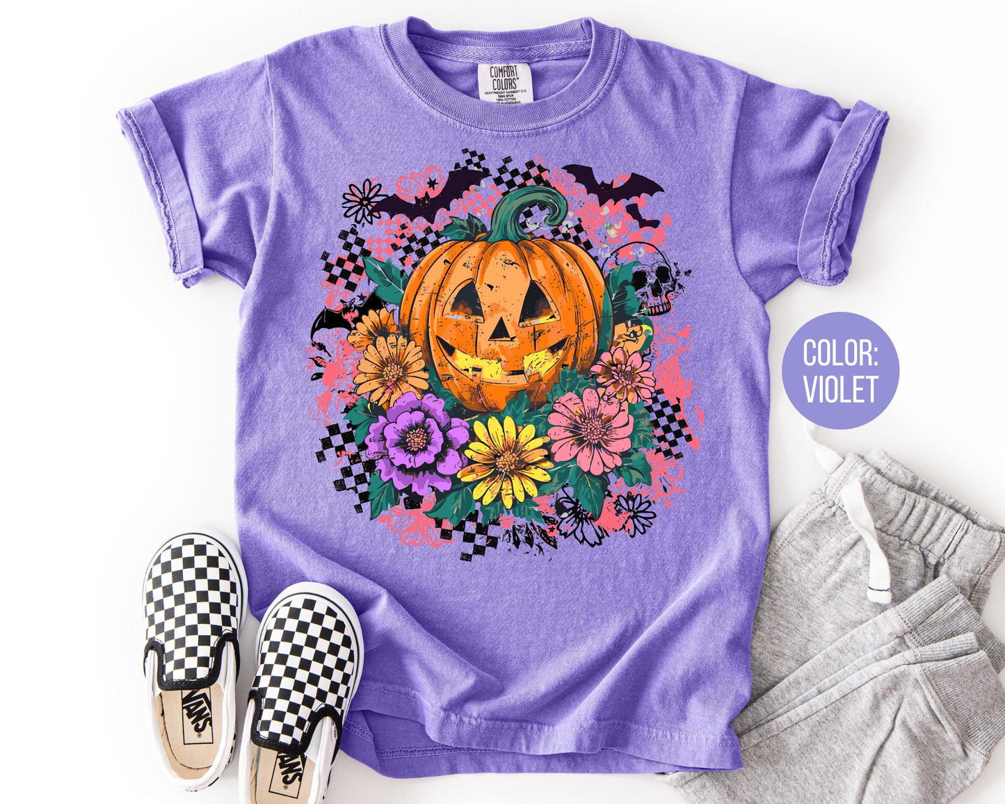 Comfort Colors Floral Jack O'Lantern Shirt: Retro Checkered Halloween
