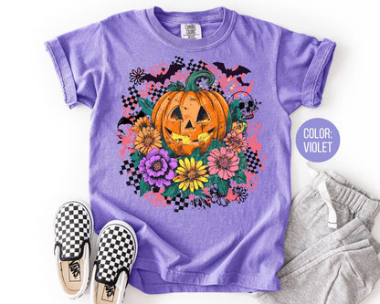 Comfort Colors Floral Jack O'Lantern Shirt: Retro Checkered Halloween