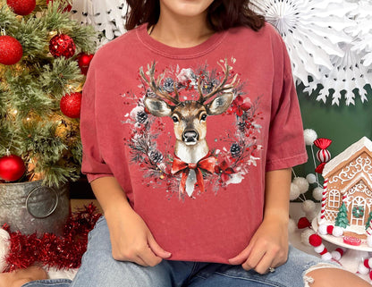Comfort Colors Reindeer Wreath Christmas T-Shirt