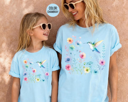 Comfort Colors Floral Hummingbird Shirt, Colorful Hummingbird Shirts