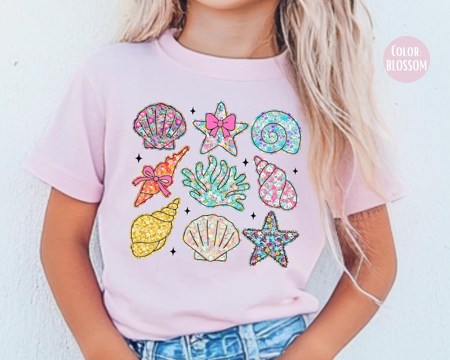 Comfort Colors Kids Shirt: Floral Seashells, Summer Vacation Tee