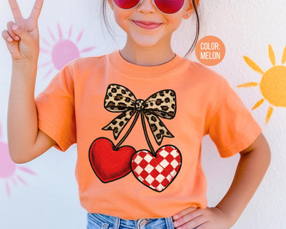 Comfort Colors Leopard Coquette Valentine Cherries Shirt: Girls Valentine's Day Tee