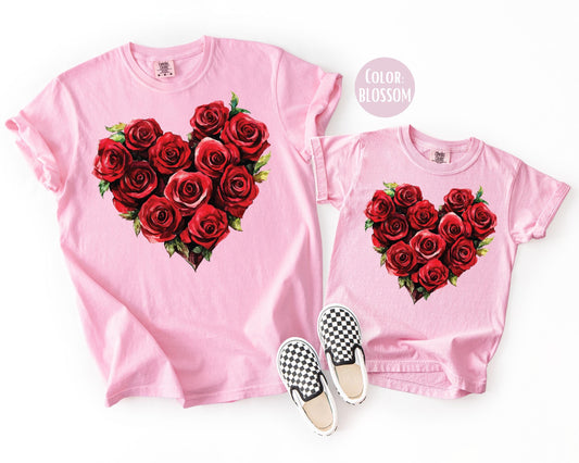 Comfort Colors Rose Heart Bouquet Valentine Shirts, Mommy and Me Valentines Day