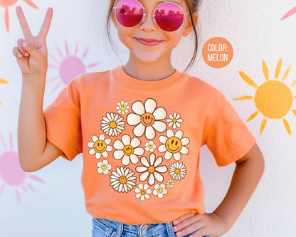 Comfort Colors Kids Shirt: Retro Smiley Face Flowers