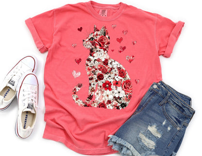 Comfort Colors Cat Valentine Shirt: Floral Heart Tee