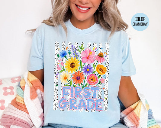 Comfort Colors® Floral First Grade Shirt, 1st Grade Teacher Shirts