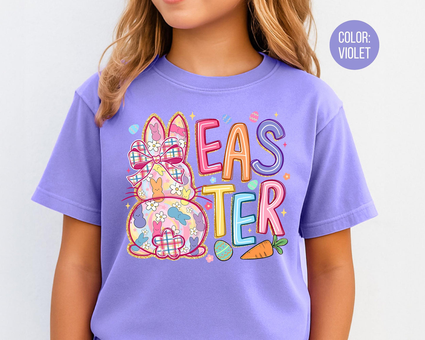 Comfort Colors® Kids Colorful Preppy Easter Bunny Shirt, Girls Easter Shirts
