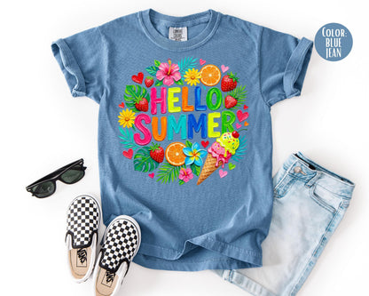 Comfort Colors Floral Brushstroke Hello Summer Shirt, Matching Mom & Daughter Summer Tees