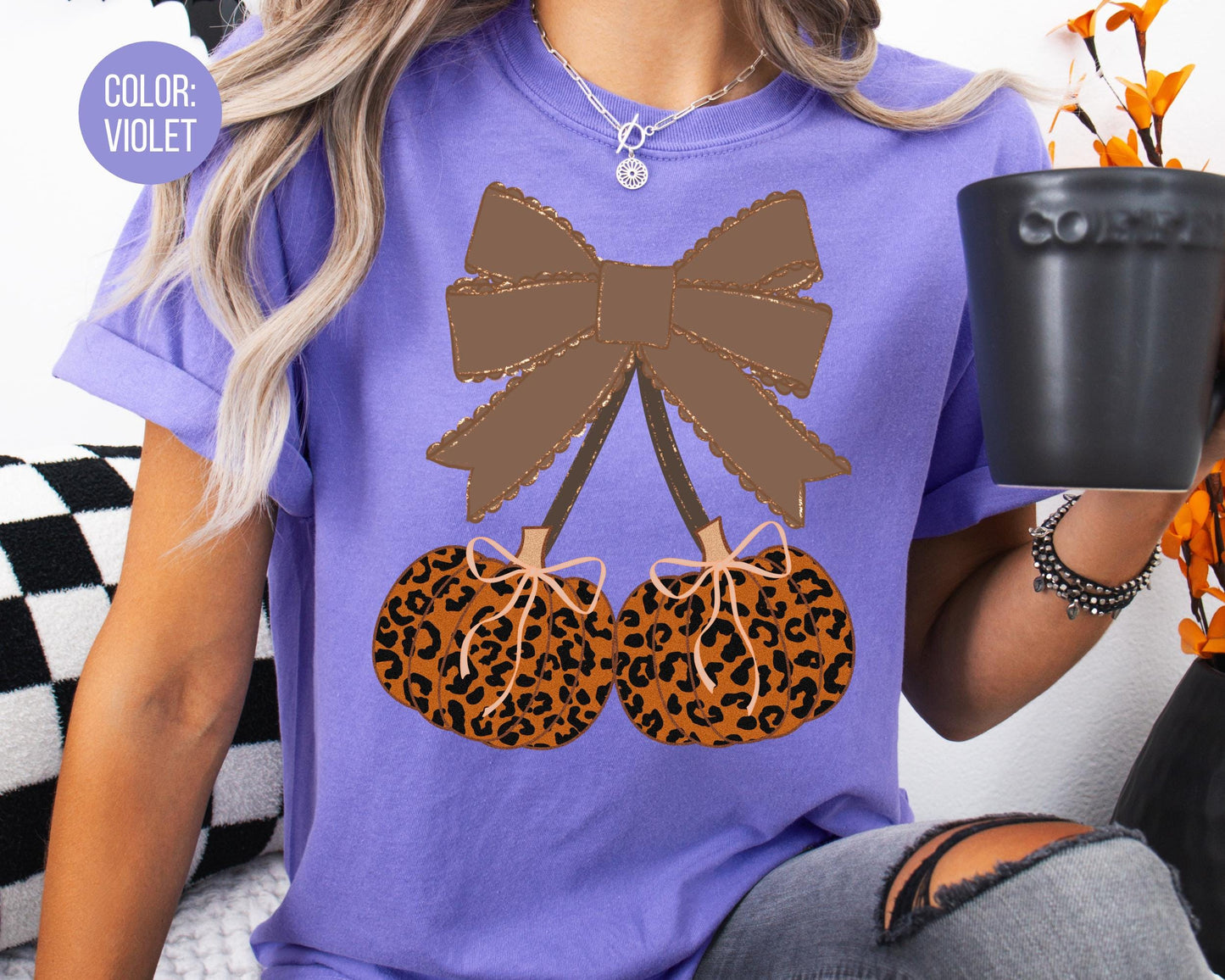Comfort Colors Leopard Pumpkin Cherries Shirt - Preppy Fall Coquette