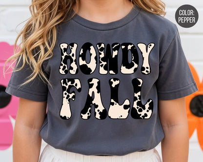 Comfort Colors Kids Howdy Fall Cow Print Shirt, Western Fall Shirts
