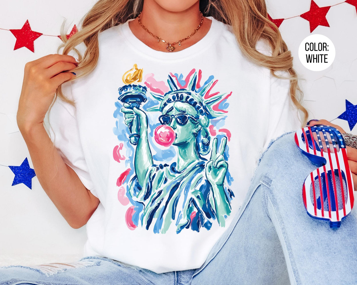 Comfort Colors Preppy Statue of Liberty Blowing Bubble Gum Shirt, 4th of July Shirts