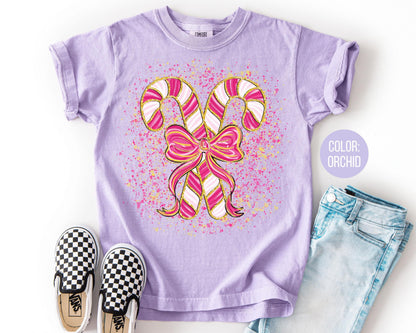 Comfort Colors Coquette Candy Cane Shirt, Girls Peppermint Tee, Mommy and Me Christmas Shirts