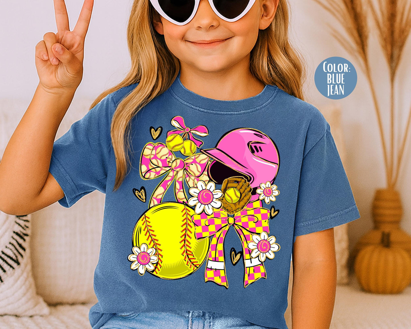 Comfort Colors Girls Preppy Checkered Softball Shirt, Kids Softball Shirts