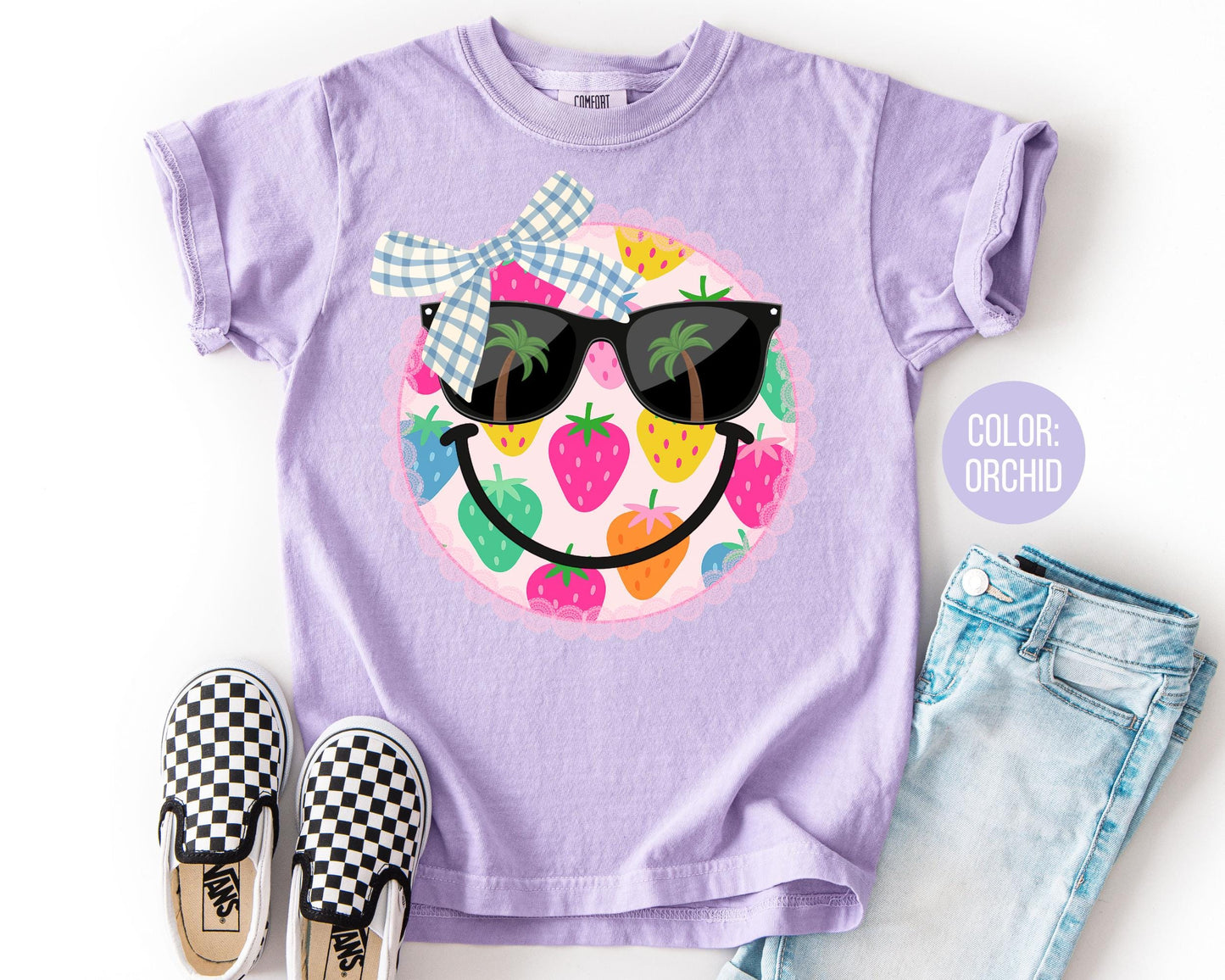 Comfort Colors® Strawberry Coquette Smiley Face Shirt, Girls Summer Shirts, Strawberries Smiley Tee