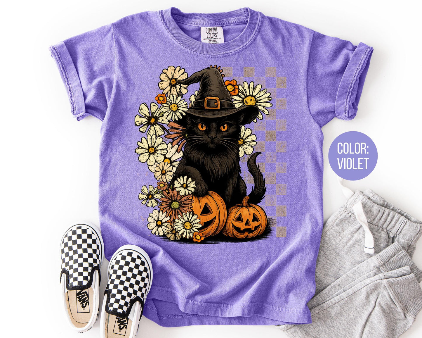 Comfort Colors Witch Hat Black Cat Shirt - Halloween Floral Tee