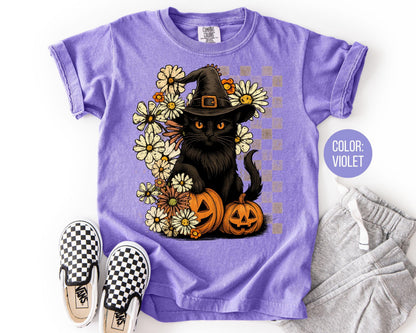 Comfort Colors Witch Hat Black Cat Shirt - Halloween Floral Tee