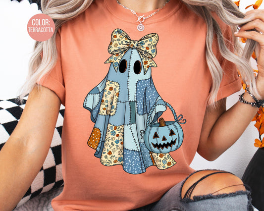 Comfort Colors Blue Denim Ghost Shirt: Patchwork Halloween Tee