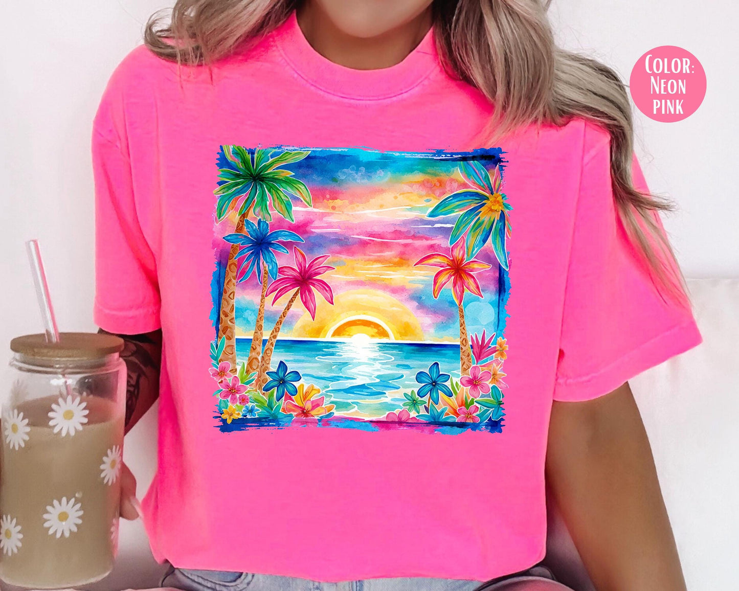 Comfort Colors® Watercolor Beach Sunset Shirt, Preppy Summer Beach Shirts